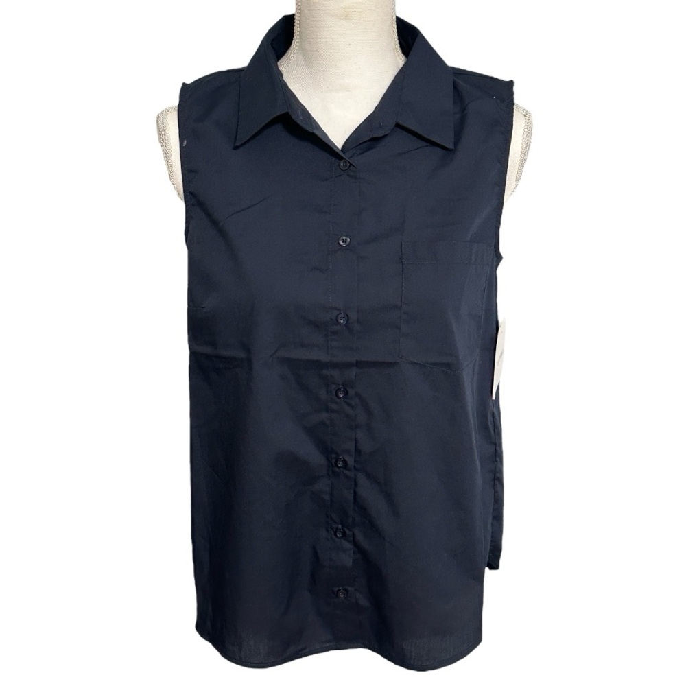 Ellen Tracy Navy Blue Sleeveless Pleated Back Button Down Collared Top NWT